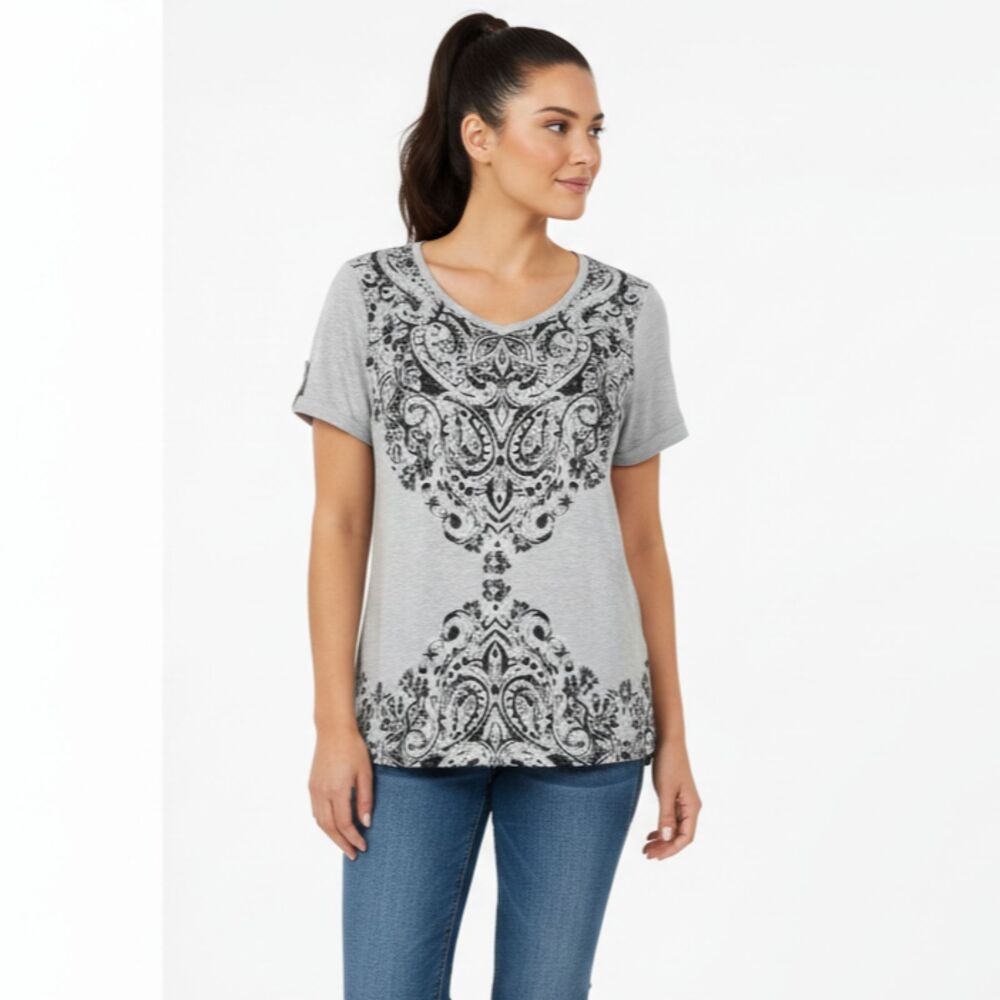 Chico's Zenergy Gray Scroll Print T-Shirt Tee Gray Black Chico 0 Women Small